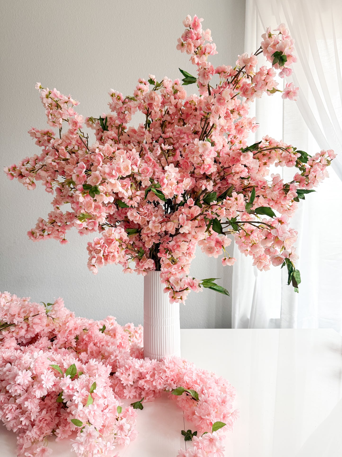 39" Blush Pink Artificial Cherry Blossom Branch, Faux Spring Floral Stem