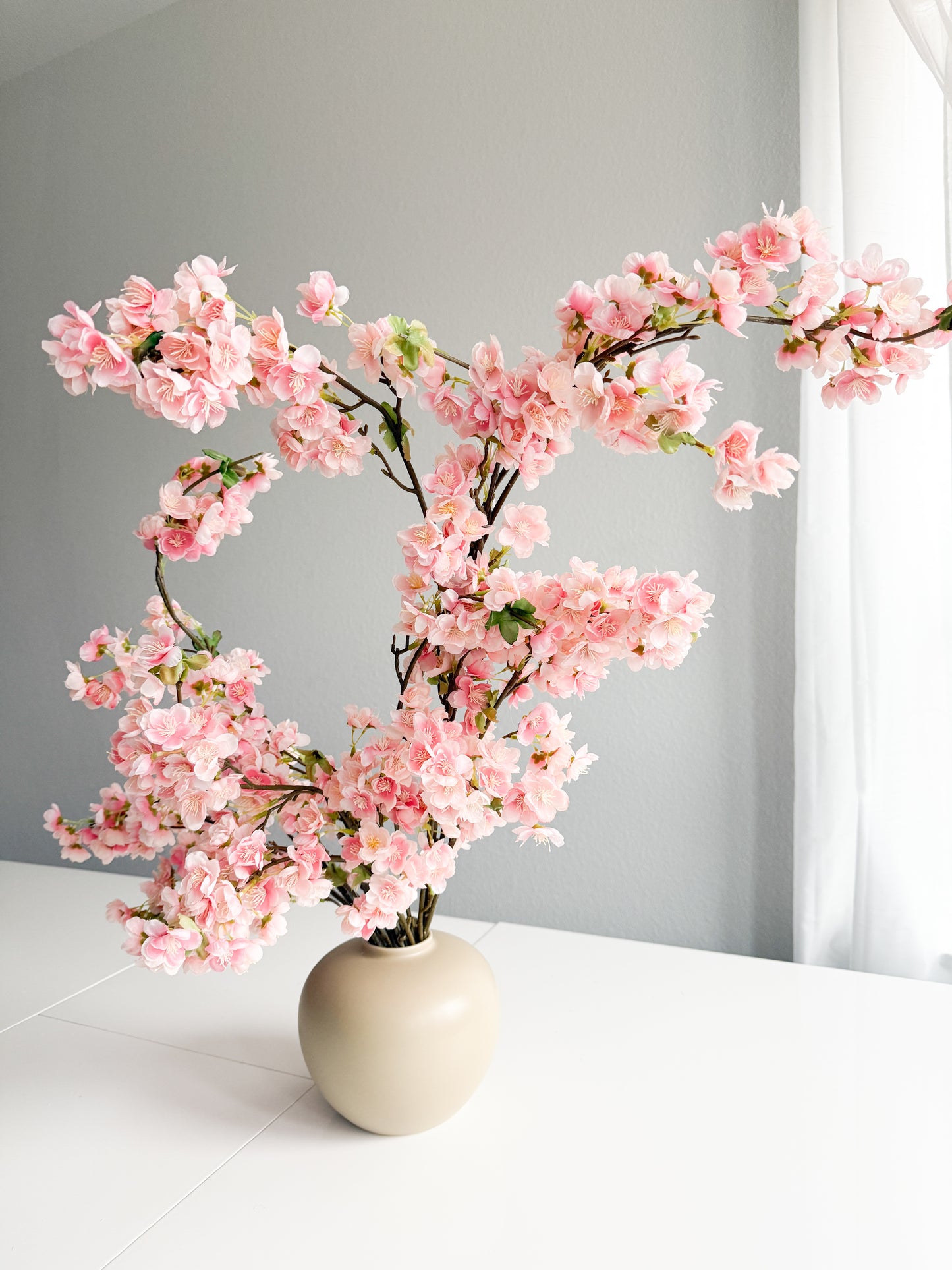 39" Blush Pink Artificial Cherry Blossom Branch, Faux Spring Floral Stem