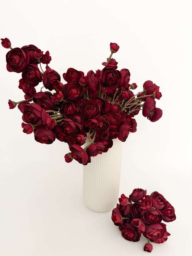 Artificial Burgundy Mini Ranunculus Bundle, 10" Faux Fall Flowers, DIY Centerpiece